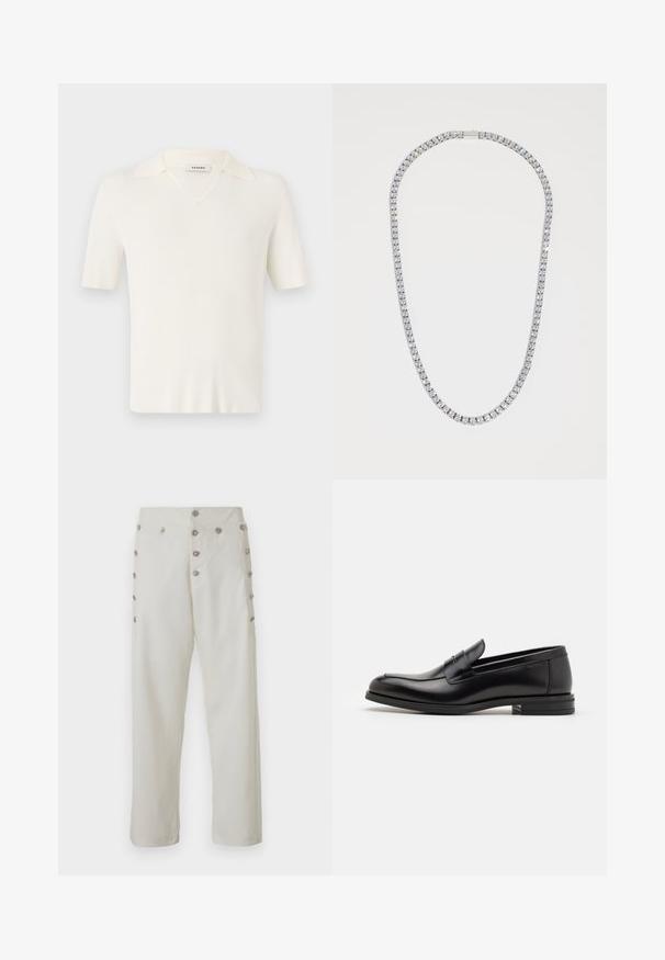 Krátký rukáv, pulovr ve tvaru V z krémové barvy, s ribkovanou texturou, měkkým límečkem a přiléhavým střihem.; Krémové kalhoty s rovného střihu, které mají dekorativní stříbrné knoflíkové detaily po obou stranách a hladkou texturu látky.; Černé kožené polobotky s hladkou texturou, zaoblenou špičkou a zdobným páskem přes nárt. Nízký stohovaný podpatek, minimalistický design.; DARKAI TENNIS LONG UNISEX - Náhrdelník - silver-coloured