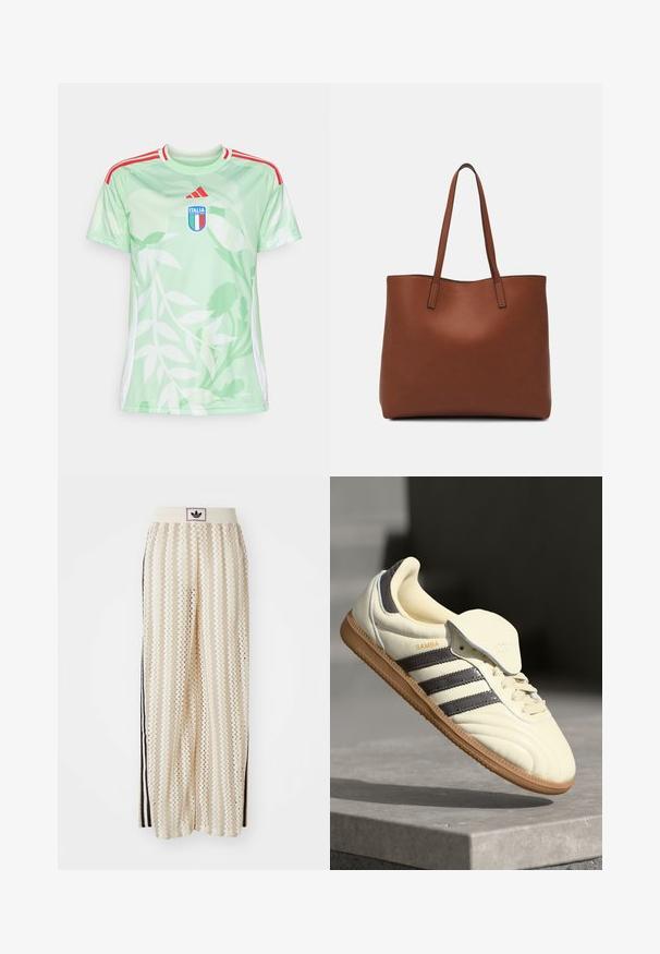 Lys grøn kortermet sportsdrakt har et bladmønster, røde striper på skuldrene og et brodert italiensk våpenskjold foran.; Kremfargede bukser med brede ben og zigzag-mønster, med en svart logo-linning og svarte striper på siden. Lett, teksturert stoff.; Kremfargede lær sneakers med tre mørke striper, en brun gummisåle og en avrundet tå. Har en sammenleggbar tunga merket "SAMBA."; Brun lær tote veske med en jevn tekstur, åpen toppdesign og to skulderstropper. Har minimal søm og ingen synlige spiker.