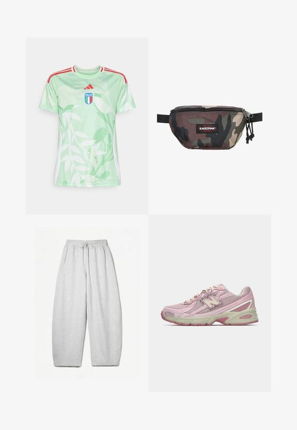 Světle zelený sportovní dres s krátkým rukávem má vzor listů, červené pruhy na ramenou a vyšívaný erb Itálie na přední straně.; Šedé tepláky s uvolněným střihem, elastickým pasem, šňůrkou a bočními kapsami; vyrobeny z měkké, strukturované tkaniny.; Růžové a béžové tenisky New Balance 740 s vrchní částí z polyesteru a syntetiky, se šněrováním a polstrovanou podrážkou zobrazené z boku.; Maskovací ledvinka vyrobená z odolné tkaniny, s zipovým uzávěrem, nastavitelným popruhem a červenou nášivkou loga Eastpak na přední straně.