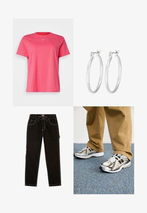 Nike Sportswear TEE - Jednoduché tričko - pink/white; Černé džíny se kontrastním bílým šitím, pěti kapsami a štítkem na boku. Standardní střih, rovný design nohavic.; Bílé a stříbrné tenisky New Balance s černými akcenty a tkaničkami, s prodyšným svrškem, polstrovanou podrážkou a dynamickým designem.; Stříbrné kruhové náušnice s hladkým, lesklým povrchem. Kulatý tvar a bezpečné zapínání na klip. Lehký design vhodný pro každodenní nošení.