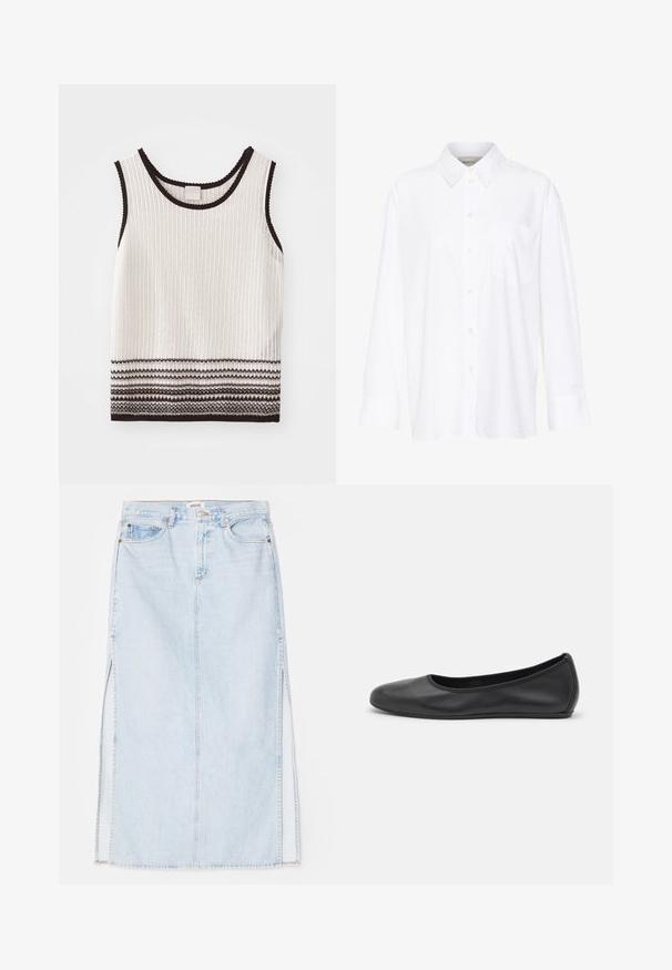 Top in cotone bianco a costine con bordi neri e strisce decorative orizzontali all'orlo. Il tessuto sembra testurizzato e aderente.; Camicia bianca a maniche lunghe con colletto in cotone. Caratterizzata da una chiusura con bottoni e una tasca sul petto singola. Tessuto liscio, vestibilità comoda.; Gonna maxi in denim azzurro chiaro con taglio dritto, dotata di spacchi laterali e design a cinque tasche. Cuciture in evidenza e chiusura con bottone in metallo.; Pantofole da balletto nere in pelle con punta arrotondata, texture liscia, dettagli di cucitura minimi e design con suola flessibile.