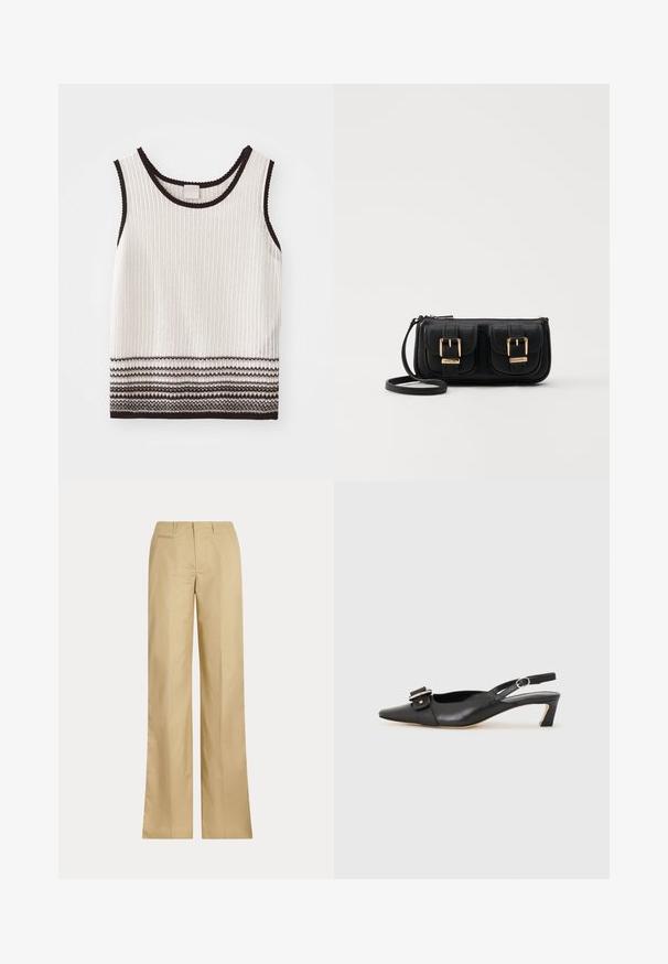 Top in cotone bianco a costine con bordi neri e strisce decorative orizzontali all'orlo. Il tessuto sembra testurizzato e aderente.; Pantaloni beige a gamba larga realizzati in cotone morbido, con una vita classica e una tasca sul retro, presentano una linea dritta e dettagli minimi.; Scarpa slingback in pelle nera con punta affusolata, tacco basso e dettaglio decorativo a fibbia sulla parte superiore. Texture liscia, design minimalista.; Borsa a tracolla nera in pelle con due tasche frontali, fibbie dorate, chiusura con zip e una tracolla sottile. Superficie texturizzata e forma rettangolare compatta.