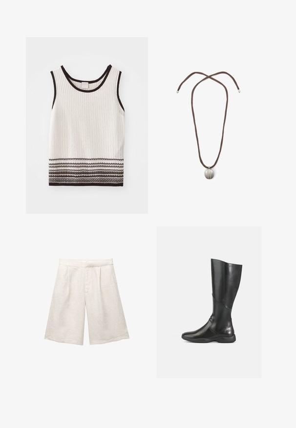 Biała, żeberkowana koszulka na ramiączkach z czarnymi wykończeniami i dekoracyjnymi poziomymi paskami na dolnej krawędzi. Tkanina wydaje się być teksturowana i dopasowana.; Beżowe lniane szorty o szerokich nogawkach, z plisami z przodu i gładkim pasem. Materiał ma lekko teksturowane wykończenie.; Czarne skórzane kozaki za kolano o gładkim wykończeniu, zaokrąglonym nosku i miękkiej podeszwie. Posiadają nowoczesny sylwetkę oraz minimalne akcenty w postaci szwów.; Naszyjnik z brązowym sznurkiem i srebrnym owalnym zawieszeniem. Zawieszenie ma gładką powierzchnię i lekkie wcięcie na środku.