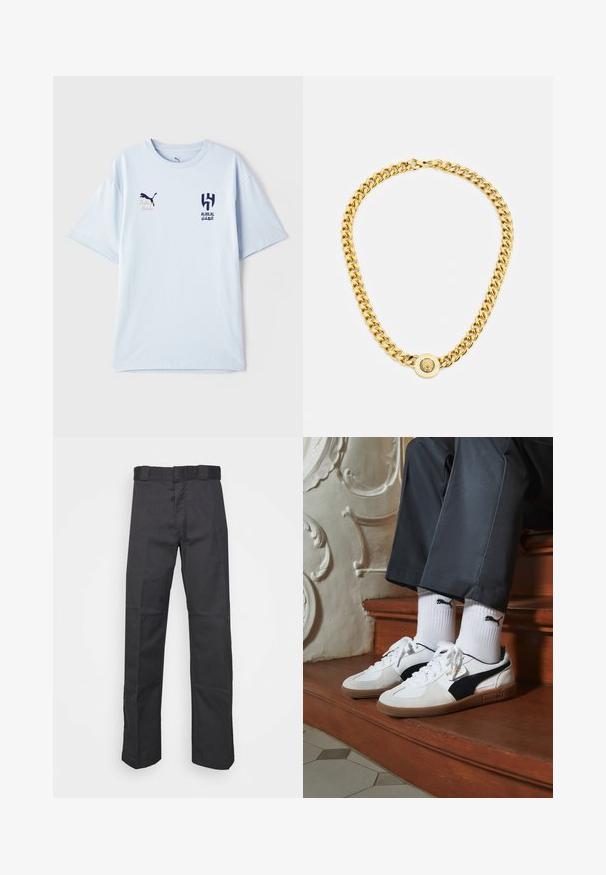 Vaaleansininen lyhythihainen t-paita, joka on valmistettu pehmeästä kankaasta. T-paidassa on tummansininen logo rinnassa ja kirjailtuja yksityiskohtia.; Mustat pantsit kestävästä kankaasta, suoran lahkeen muotoilu, vyötärönauha, jossa on vyölenkit, ja saumat lisätekstuuria varten.; Puma-tenniset valkoisesta ja mustasta mokasta, joissa on ruskea kumipohja. Yhdistetty valkoisten sukkien kanssa, joissa on musta logo, tummien housujen kanssa.; Kultaketju, jossa on suuret toisiinsa kytkeytyvät lenkit, keskellä on pyöreä pendantin yksityiskohta, jossa on kohotettu emblem.
