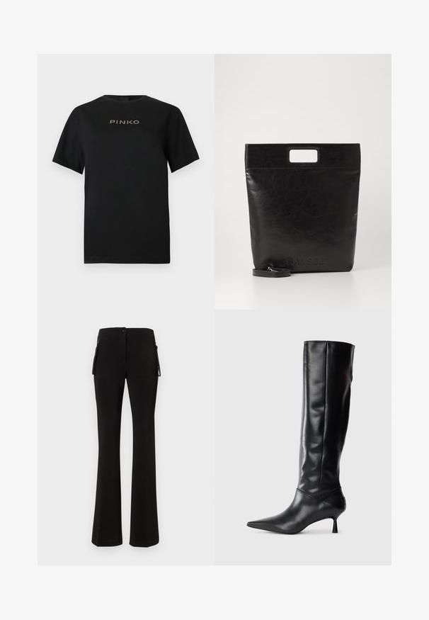 Black cotton t-shirt featuring short sleeves and a round neckline. Front displays the "PINKO" logo in gold lettering.; Black flared pants made of a smooth, stretchy material. Features a front button closure and side zip pockets for added utility.; Black leather knee-high boot with a pointed toe and slim curved heel. Smooth texture, fitted design, and no visible hardware or patterns.; Black leather tote bag with a square handle, featuring a textured finish and embossed logo. Includes a detachable strap.