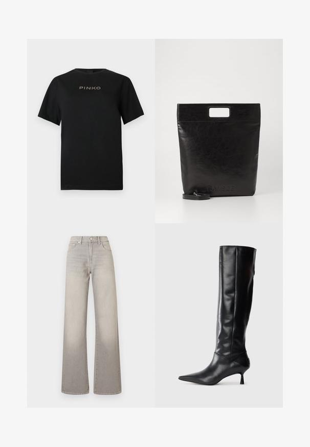 Černé bavlněné tričko s krátkými rukávy a kulatým výstřihem. Na přední straně je zlatý nápis "PINKO".; Šedé široké džíny s vybledlým vzhledem, zapínání na knoflík, pět kapsičkový design a prošívání podél švů.; Černé kožené vysoké boty po kolena s špičatou špičkou a štíhlým zakřiveným podpatkem. Hladký povrch, přiléhavý design a žádné viditelné kování nebo vzory.; Černá kožená taška přes rameno se čtvercovou rukojetí, s texturovaným povrchem a embosovaným logem. Obsahuje odnímatelný popruh.