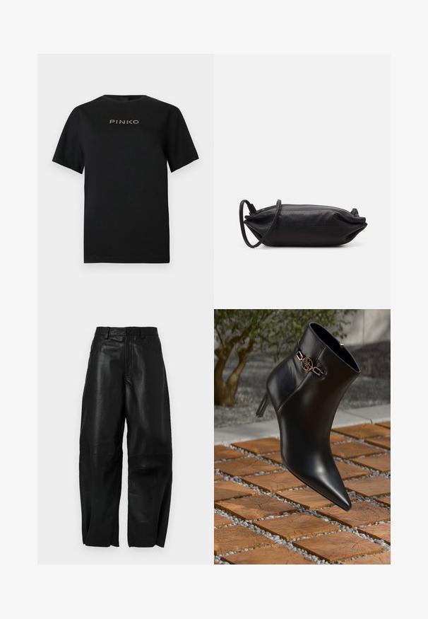 T-shirt preta de algodão com mangas curtas e decote redondo. Na frente, apresenta o logótipo "PINKO" em letras douradas.; Calças de couro preto com um ajuste solto, apresentando um design de perna reta, bolsos frontais e detalhes de costura visíveis.; Bota de tornozelo em couro preto com bico fino e salto pequeno. Apresenta um detalhe em corrente dourada no tornozelo. Cercada por uma superfície de pedra texturizada.; Carteira de mão em couro preto com formato retangular, textura suave, alça de ombro fina e design minimalista.