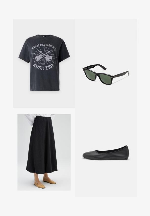 Zwarte katoenen t-shirt met een relaxte pasvorm, voorzien van een grafisch ontwerp van gitaren en de tekst "The Kooples Addicted" in zilver.; Zwarte midi-rok met een gestructureerd oppervlak, voorzien van een elastische tailleband en een vloeiende silhouet. Gepaard met beige platte schoenen.; Zwarte leren ballerina met een ronde neus, gladde textuur, minimale stikdetails en een flexibele zoolontwerp.; Zwarte plastic zonnebril met groene lenzen, vierkante montuur, zilveren accent op de wenkbrauw en een gestructureerde tempel. Merken vermeld op de binnenkant van de arm.