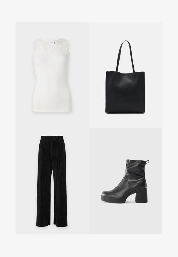 Balta, įribiota krūtinėle be rankovių palaidinė su apvali iškirpte ir subtiliu nėrinių apvadu ant pečių. Paprastas dizainas, lengvas audinys ir prigludusi forma.; Juodi plisuoti kelnės su elastine juosta. Turėkite plačias kojas ir glotnų, tekstūrinį audinį su vertikaliais dryžiais.; Juodos kulkšninių botai, pagaminti iš lygaus odos, su šoniniu užtrauktuku, masyviu tekstūruotu kulnu ir apvaliu pirštu.; Juodas odinis tote krepšys su lygia tekstūra, stačiakampio formos ir dviem ilgais rankenomis. Matomų metalinių detalių ar puošybos nėra.