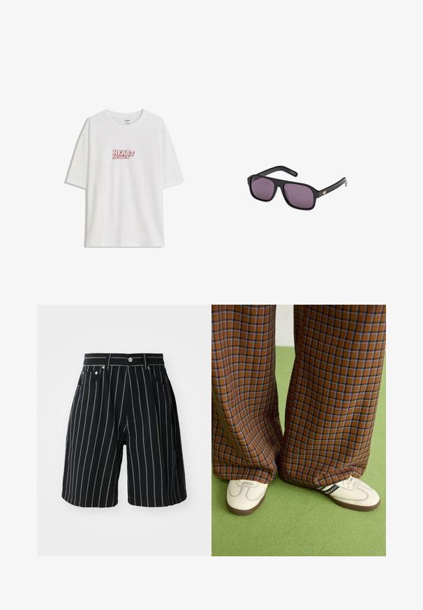 Tricou alb din bumbac cu o croială lejeră, având inscripția roșie "HEART struck" centrată pe piept. Mâneci scurte și guler rotund.; Shorts negri cu dungi, realizate din bumbac, cu dungi verticale albe contrastante, închidere cu buton și buzunare frontale.; Pantaloni largi cu carouri maro și albastru, asociați cu pantofi albi cu accente negre și tălpi texturate, împotriva unui fundal verde.; Ochelari de soare negri cu ramă pătrată, lentile întunecate și un accent cu logo auriu pe braț. Material plastic neted cu finisaj mat.