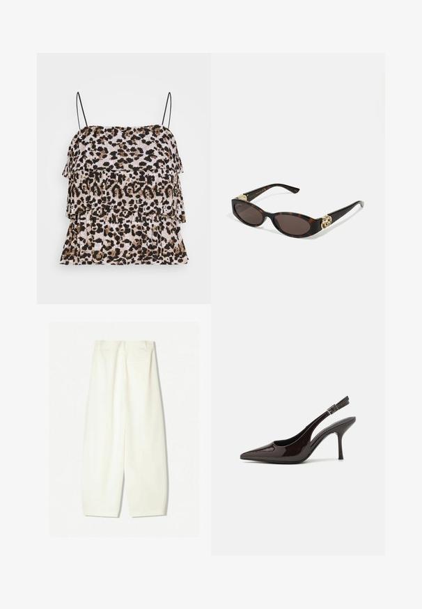 Tielko s leopardím potlačou a vrstveným volánovým dizajnom. Čierne tenké špagetové ramienka. Mäkká, štruktúrovaná látka v odtieňoch béžovej, hnedej a čiernej.; Bavlnené nohavice s širokými nohavicami v jemnej krémovej farbe, s hladkým povrchom, prednými vreckami a voľným strihom s pásom strednej výšky.; Slingback vysoké opätky v lesklej tmavohnedej lakovej koži, so špicatou špičkou, otvorenými stranami a nastaviteľným remienkom na členku.; Slnkové okuliare v korytnačkovom dizajne s predĺženými oválnymi šošovkami, hnedým tónovaním, zlatými logovými akcentmi na spánkoch a elegantnými čiernymi ramenami.; Bordová kabelka s prehnutým siluetou a krátkym popruhom, so zlatým zipsom a diskrétnym logom Calvin Klein na prednej strane.