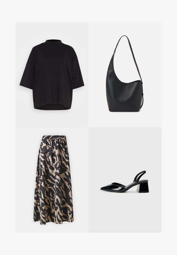 Juoda medvilnės marškinėliai su aukštu iškirpimu, trumpomis plačiomis rankovėmis ir laisvu, kvadratiniu siluetu. Lygi tekstūra ir apvalus apdaila.; Juodas ir bežinis ilgas sijonas su elastinga juosta, turintis abstraktų gyvūnų raštą ir laisvą siluetą.; Juodos lakuotos odinės šlepetės su smailiu pirštu ir geometriniu bloko kulnu. Turi elegantišką, minimalistinį dizainą ir lygų paviršių.; Juodas odinis hobo maišas su lygiu paviršiumi, kreipta forma ir viena reguliuojama rankena; turi platų atidarymą viršuje.