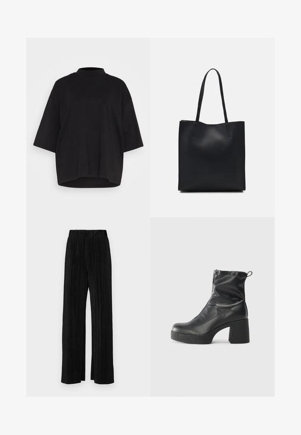 Črna bombažna majica s visokim ovratnikom, kratkimi šišmišastimi rokavi in sproščenim, kvadratnim krojem. Gladka tekstura in zaobljen rob.; Črne plisirane hlače z elastičnim pasom. Imajo široke noge in gladko, teksturirano tkanino z navpičnimi črtami.; Črne gležnjarje iz gladke kože z božnim zadrgo, masivnim teksturiranim peto in zaobljeno obliko prstov.; Črna usnjena torba s svilnato teksturo, pravokotne oblike in dvema dolgima ročajema. Brez vidnih metalnih delov ali okrasnih elementov.