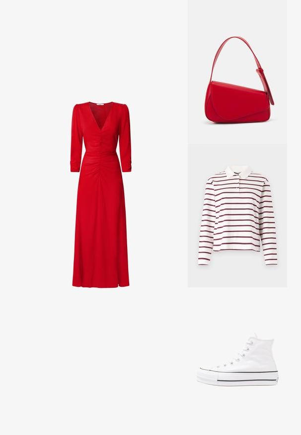 Biała koszulka polo z długim rękawem w burgundowe poziome paski, z klasycznym kołnierzykiem i zapięciem na guziki. Wykonana z miękkiej bawełny.; Czerwona sukienka z dekoltem w kształcie litery V, rękawami 3/4 oraz marszczonymi detalami w pasie i na plecach. Tkanina wydaje się gładka i lekka.; Białe wysokie trampki z płótna z czarną gumową podeszwą, przednim czubkiem z gumy i sześcioma dziurkami na sznurowadła, charakteryzujące się prostym, minimalistycznym designem.; Czerwona skórzana torebka o kanciastym, geometrycznym designie. Posiada jedną regulowaną rączkę oraz zapięcie na klapę z przeszyciami.