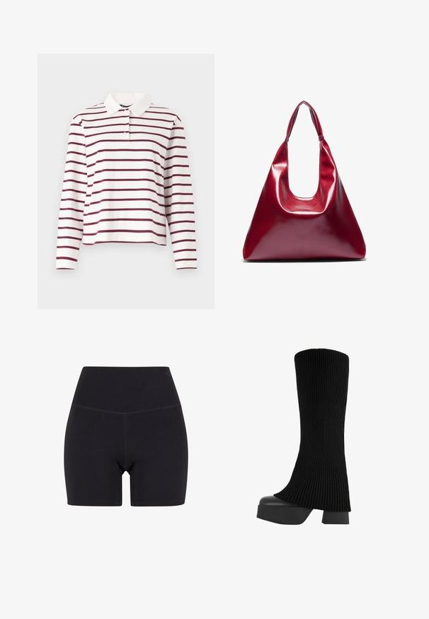 Biele polo tričko s dlhým rukávom a bordovými horizontálnymi pruhmi, s klasickým golierom a dizajnom s gombíkovou légou. Mäkký bavlnený materiál.; Čierne šortky s vysokým pásom vyrobené z elastického materiálu. Obsahujú elastický pás, hladký povrch a dĺžku do polovice stehna s bezšvovým dizajnom.; Čierne vysoké čižmy po kolená s ribbed textíliou, robustnou platformou a blokovým podpätkom, s hladkou textúrou a elegantným, moderným dizajnom.; Červená lesklá kožená kabelka trojuholníkového tvaru so širokým vrchným otvorom a jedným zakriveným uchom. Hladký povrch s minimálnymi švami.