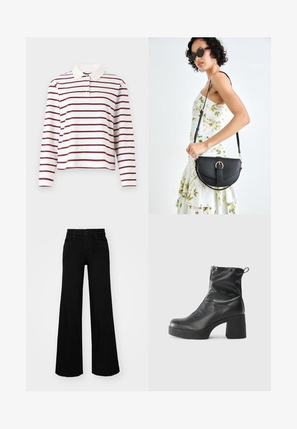 Langermet polo skjorte i hvit med maroon horisontale striper, med klassisk krage og knappestolpe-design. Mykt bomullsmateriale.; Svart vide bukser laget av denim, med en strukturert midjebånd, beltestropper og frontlommer. Glatt tekstur med et klassisk design.; Svarte ankelstøvler laget av glatt lær, med glidelås på siden, chunky strukturert hæl, og rund tå-design.; Svart lærveske med en buet form, avtagbar stropp og gullbeslag. Vesken har et klaff med spenne-detall.