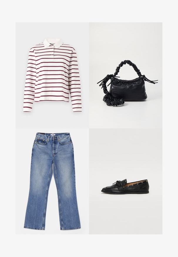 Hosszú ujjú póló fehér színben, bordó vízszintes csíkokkal, klasszikus gallérral és gombos lécek kialakítással. Puha pamut anyag.; RE/DONE LOOSE - Bootcut farmer - hacienda; Fekete bőr lófarok cipők, megkötött masnival, arany szemcsés díszítéssel az oldalán és lapos gumitalppal. Simaság, klasszikus dizájn.; Fekete műbőr kézi táska krokodil bőr textúrával, összehúzható tetejű és gyűrt pánttal. Lágy és kompakt dizájnúnak tűnik.