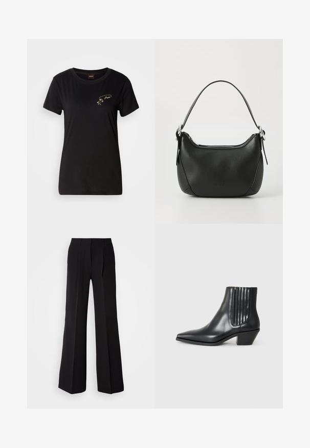Musta puuvillapaita, jossa on pyöreä pääntie ja lyhyet hihat, vasemmassa rinnassa kultakirjailuja kuvasta ja tekstistä.; Mustat housut, jotka on valmistettu sileästä kankaasta, korkea vyötärö, leveä lahje ja kaksi etupleattiä lisäsuunnittelun yksityiskohtana.; Musta nahkainen nilkk boot, jossa on terävä kärki, elastiset sivupaneelit pystyröytiä ja matala lohkarepohja. Sileä pinta ja tyylikäs muotoilu.; Musta nahkakäsilaukku, jossa on kaareva muoto, hopeinen vetoketju ja lyhyt kahva. Edessä on hienovarainen logo ja pinta on sileä.