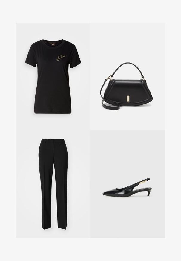 Juodas medvilninis marškinėlis su apvalia iškirpte ir trumpomis rankovėmis, papuoštas auksine siuvinėjimu, vaizduojančiu figūrą ir tekstą kairiajame krūtinės diapazone.; Juodi pritaikyti kelnių modeliai su tiesiomis kojomis, pasižyminčios lygiomis tekstūromis ir ryškiomis klostėmis priekyje. Nėra matomų detalių.; Juodas odinis pavasario batelių modelis su smailiu nosiu, turintis siaurą kulniuką ir auksinės spalvos akcentu reguliuojamoje juostoje. Lygi tekstūra.; Juoda odinė rankinė su struktūrizuotu dizainu, turi trumpą formą, viršutinę rankeną ir auksinius akcentus. Pridėtas reguliuojamas peties diržas.