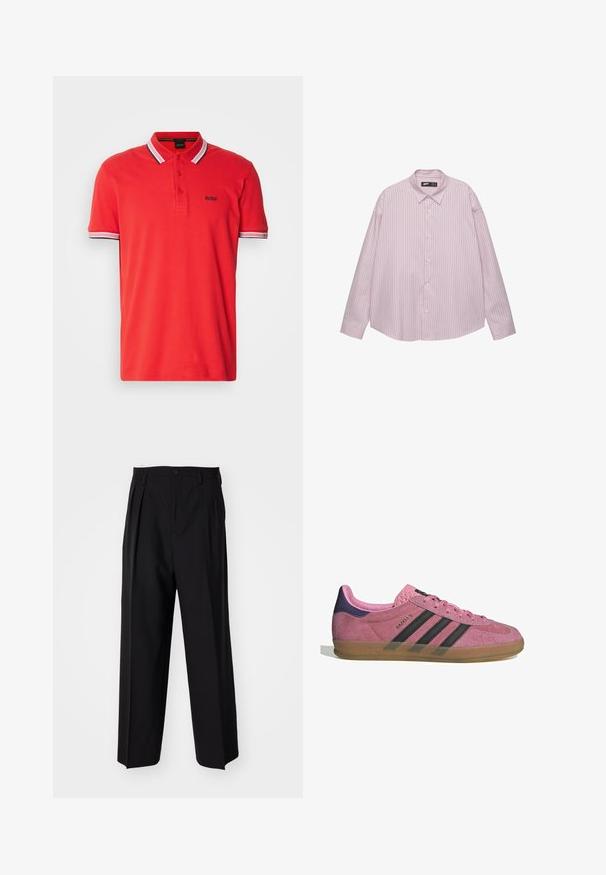 BOSS PADDY - Pólóing - open red; Világos rózsaszín gombos ing, függőleges kék csíkokkal, galléros nyakkal, hosszú ujjakkal és laza fazonnal. Simogató anyagból készült, enyhe fényességgel.; Fekete, pliszírozott nadrág, egyenes, széles lábakkal. Sima anyagból készült, gombos záródással és övhurkokkal rendelkezik.; Rózsaszín velúr sportcipő fekete csíkkal, gumi talppal és texturált lila sarokkal. Fűzős kialakítással és a márka dombornyomott logójával az oldalon.