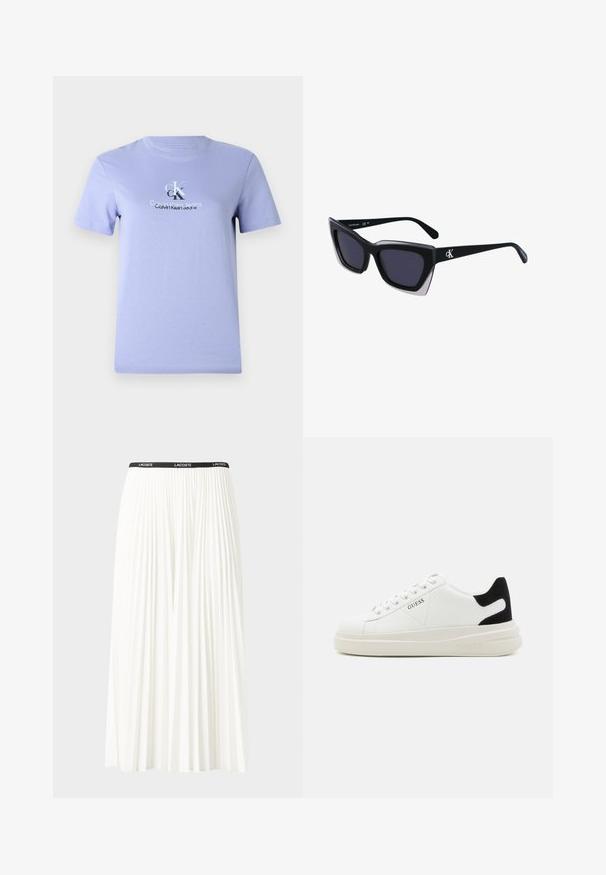 Tricou din bumbac lila, cu guler rotund, mâneci scurte și un imprimat central cu logo în argint. Textură netedă, croială clasică.; Fustă plisată albă cu un brâu elastic negru, având logo-ul "LACOSTE". Design de lungime medie, cu textură moale.; Adidași din piele albă cu o talpă groasă albă, accent de călcâi din suede negru și logo embosat pe lateral. Design cu șireturi și șase orificii.; Ochelari de soare supradimensionați, negri, cu o formă geometrică, având lentile întunecate și un detaliu gri contrastant pe ramă. Logo pe braț.