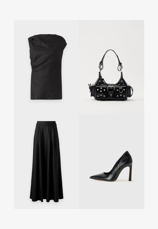 Fekete ujjatlan felső könnyű, texturált anyagból. Laza fazonnal rendelkezik, drapált nyakkivágással és egyenes aljjal.; Fekete, földig érő szoknya sima textúrával, széles derékrésszel és plisszézett dizájnnal, látható minták vagy díszítések nélkül.; Fekete hegyes orrú magassarkú cipő krokodilbőr textúrával, letisztult dizájnnal, magas tűsarkú és sima fekete belső résszel.; Fekete bőr kézitáska ívelt designnal, ezüst szegecsekkel, csattal és két oldalsó zsebbel. Állítható vállpánt a hordozási lehetőségekhez.