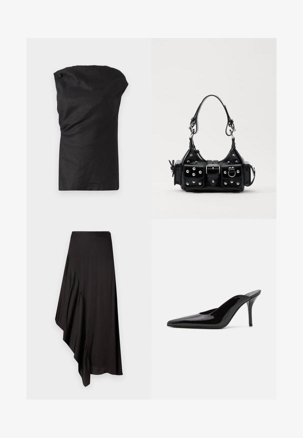 Black sleeveless top in a lightweight, textured fabric. Features a draped neckline and a relaxed fit with a straight hem.; AERON ASTER SKIRT - Pencil skirt - black; Black patent leather high-heeled mule with a pointed toe and a sleek silhouette, featuring an open back and a slender stiletto heel.; Black leather handbag with a curved design, featuring silver studs, a buckle, and two side pockets. Adjustable strap for carrying options.