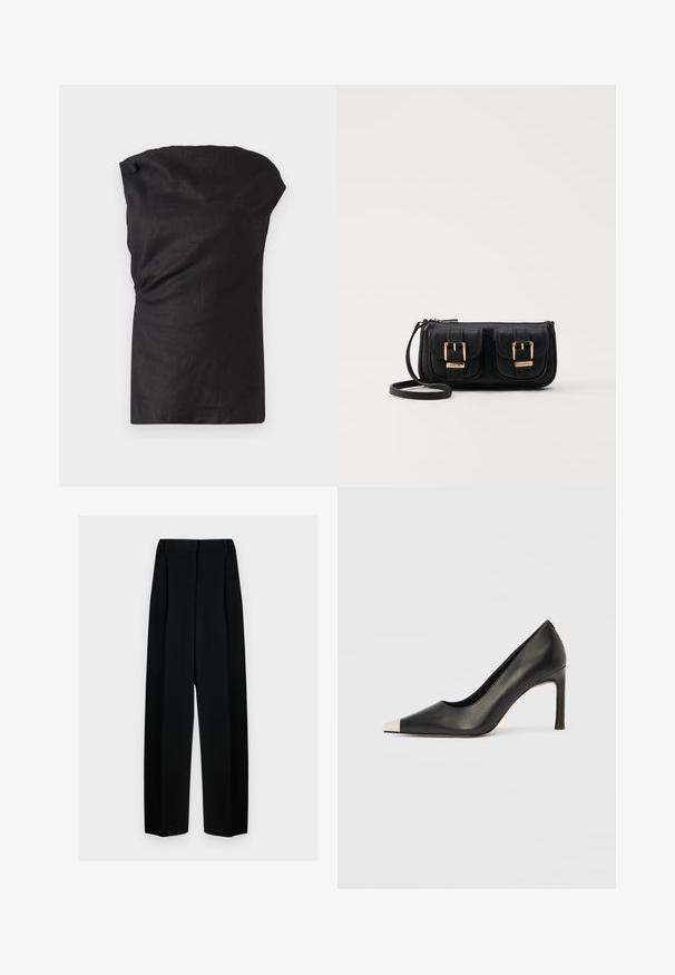 Svart ermeløs topp i et lett, teksturert stoff. Har en drapert halslinning og en avslappet passform med rett nederkant.; Svart vide bukser med høy livhøyde, med folder og en glatt tekstur. Stoffet virker lett og faller elegant.; Svart lærsko med høye hæler, spiss tå og metallisk sølvhette. Har en glatt finish og en slank hæl på 10 cm.; Svart skinn crossbody veske med to frontlommer, gyldne spenner, glidelåslukking og en slank stropp. Teksturert overflate og kompakt rektangulær form.