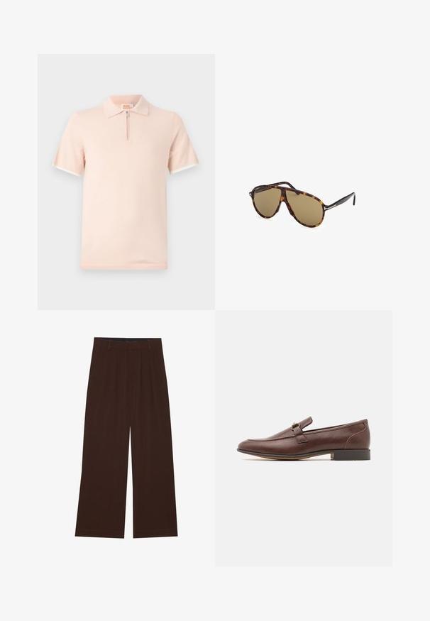 Világos rózsaszín anyagú pólóing, rövid cipzáros záródással, ellentétes fehér díszítésekkel az ujjakon és a galléron.; Barna, széles lábú nadrág, plisszézett részleggel. Simább anyagból készült, szabott derékkal és oldalsó zsebekkel rendelkezik. Lapos szegéllyel az alsó részen.; Barna bőr lakkcipő lekerekített orral, varrott részletezéssel, egy pánttal a felső részen és kis sarokkal. Simább textúra, egyszerű dizájn.; Tortoishell napszemüveg barna lencsékkel, pilóta stílusban, elegáns keretdesignnal és fémes díszítésekkel a templomokon.; Burgundy lakkbőr keresztpántos táska téglalap alakú, két pánttal, ezüst színű szerelvényekkel és fedélzárral.