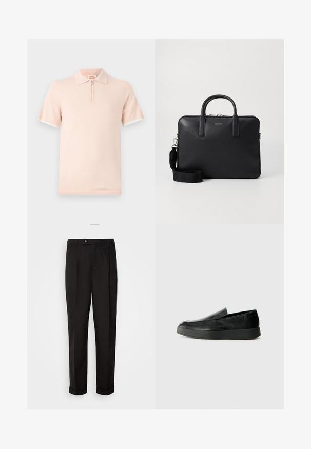 Polo-shirt i lyserød stof med kort lynlås og kontrastfarvede hvide detaljer på ærmerne og kraven.; Sorte bukser med en glat tekstur, som har lige snit, to forlommer og en enkelt knaplukning i taljen.; Calvin Klein HYBRID CUP - Loafers - triple black; Sort læderaktetaske med struktureret overflade, dobbelte håndtag, aftagelig skulderrem og en frontdetalje med logo. Lynlåslukning.