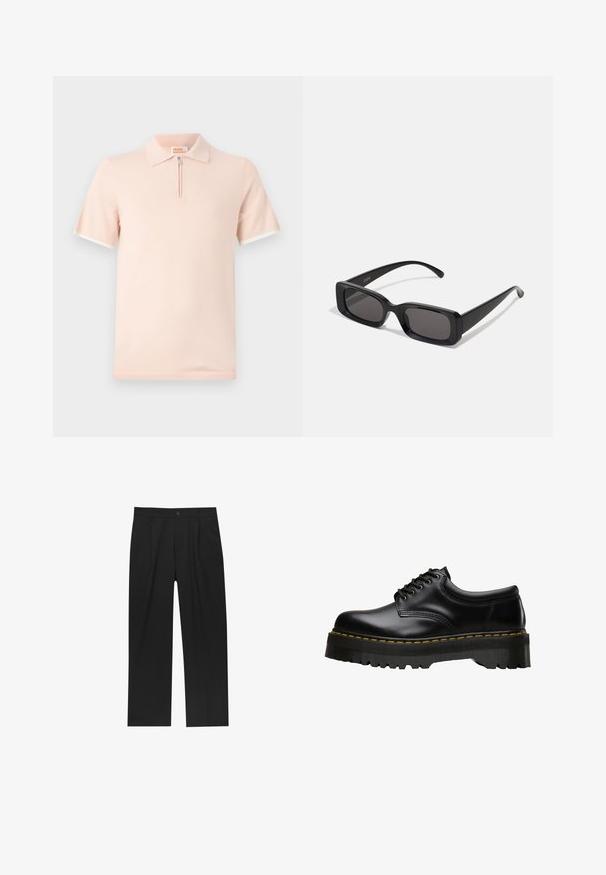 Polo shirt van lichtroze stof, met een korte rits sluiting en contrasterende witte accenten op de mouwen en de kraag.; Zwarte broeken met een recht model, gemaakt van een gladde stof. Voorzien van een voorplooien en een enkele knoopsluiting bij de taille.; Zwarte leren veterschoen met een dikke, getande zwarte rubberen zool en gele stiksels langs de rand, met een gladde afwerking.; Zwarte rechthoekige zonnebril met donkere lenzen, glanzende afwerking, brede pootjes en een robuust frameontwerp. Gegraveerde merknaam op één van de pootjes.