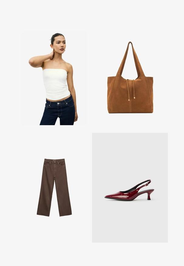 Haut blanc sans bretelles en matériau lisse. Design ajusté avec un texture plissée à la taille. Assorti à un jean en denim bleu foncé.; Jean brown à jambes larges en denim, doté d'une taille haute, de poches avant et d'une fermeture à bouton classique. Texture lisse avec des coutures subtiles.; Escarpins à talons aiguilles en cuir verni bordeaux, avec un bout pointu et un élégant talon stiletto. Design à dos ouvert avec une sangle à la cheville réglable.; Sac fourre-tout en suede marron avec deux longues poignées, fermeture à cordon, et design minimaliste. Texture lisse et sans accents matériels visibles.