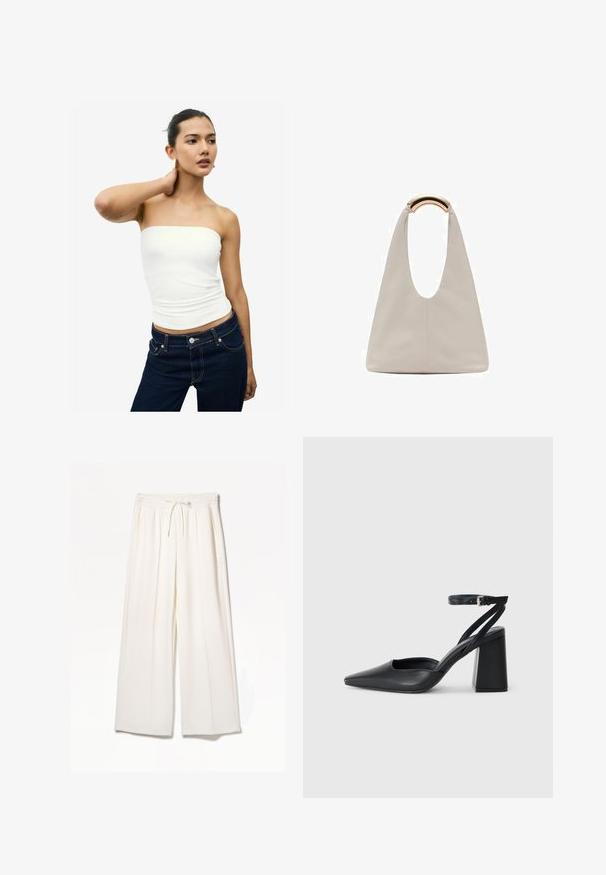 Top bianco senza spalline realizzato in materiale liscio. Design aderente con una texture arricciata in vita. Indossato con jeans di denim blu scuro.; Pantaloni bianchi a gamba larga realizzati in tessuto leggero, dotati di una vita elastica, cordoncino e tasche laterali, senza motivi visibili.; Pump in pelle nera con punta affusolata, cinturino alla caviglia e tacco spesso. Texture piatta, design elegante ed estetica minimalista.; Borsa in pelle grigio chiaro con design a forma di U e manico metallico curvo. Texture liscia con cuciture minime e senza motivi visibili.