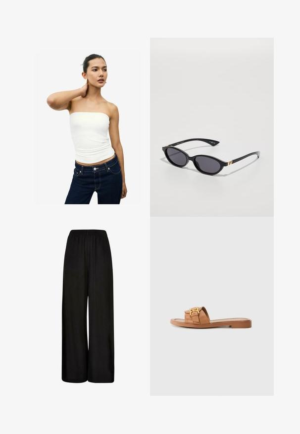 Witte strapless top van glad materiaal. Strak design met een geplooide textuur bij de taille. Gecombineerd met donkerblauwe denim jeans.; Zwarte wijde pantalon gemaakt van een gladde stof. Heeft een elastische tailleband en een losse, vloeiende pasvorm voor comfort en bewegingsvrijheid.; Bruine leren slidersandalen met brede band, gouden hardwareaccent, platte zool en minimalistisch ontwerp. Geschikt voor casual gebruik.; Zwarte zonnebril met ovale glazen, donkere verloop-tint en slanke pootjes met subtiele gouden accenten. Glad plastic afwerking.; Canvas draagtas met een cartoonbeer in een groene sjaal en blazer, met bruinleren schouderbanden. Witte achtergrond, geprint ontwerp.