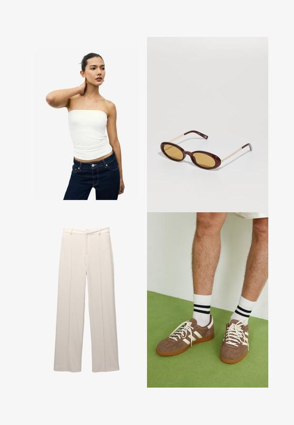 Biely top bez ramienok vyrobený z hladkého materiálu. Upevnený strih s riaseným textúrou v oblasti pása. V kombinácii s tmavomodrými džínsami.; Svetlé béžové nohavice s širokými nohavicami a hladkým povrchom. Obsahujú priliehavý pás, predné skladanie a nemajú viditeľné vrecká.; Hnedé zamatové tenisky s bielymi akcentmi a šnúrkami. Gumová podrážka. Nosené s bielymi ponožkami so čiernymi pruhmi. Zelená textúrovaná podlaha.; Ovalné slnečné okuliare s tmavočerveným želvovinovým povrchom, žltými šošovkami a tenkými zlato-tonovanými rámami.; Elleme BOOMERANG WOVEN - Kabelka - brown