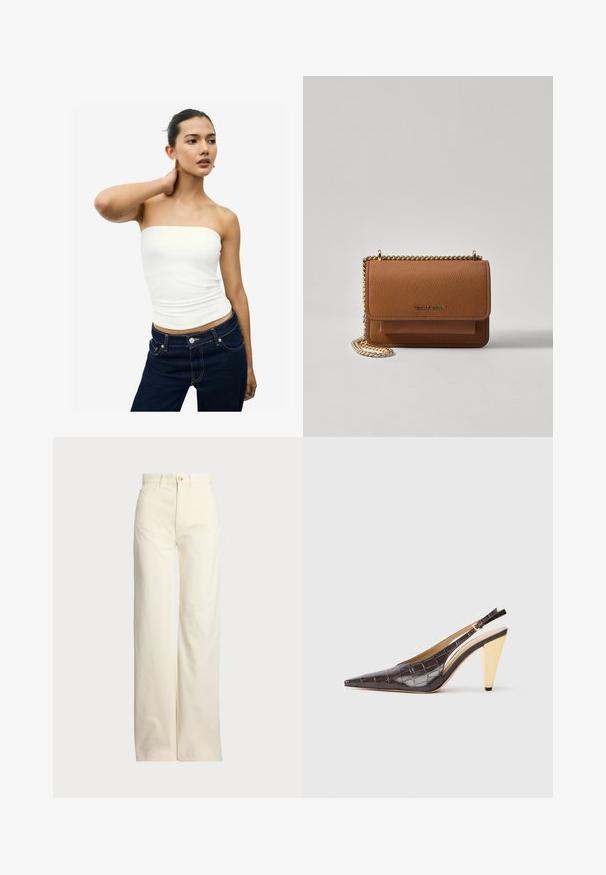 Weißes, trägerloses Top aus glattem Material. Figurbetontes Design mit geraffter Textur an der Taille. Kombiniert mit dunkelblauen Jeans.; Polo Ralph Lauren COTTON CORDUROY WIDE-LEG PANT - Stoffhose - warm white; Spitz zulaufender Slingback-Absatzschuh aus glänzendem, dunkelbraunem Kunstcrocodilleder. Verfügt über einen goldfarbenen geometrischen Absatz und einen verstellbaren Knöchelriemen.; Braune strukturierte Ledertasche mit goldener Kettenriemen und Klappenverschluss. Die Vorderseite zeigt ein Logo-Detail und eine Tasche unter der Klappe.