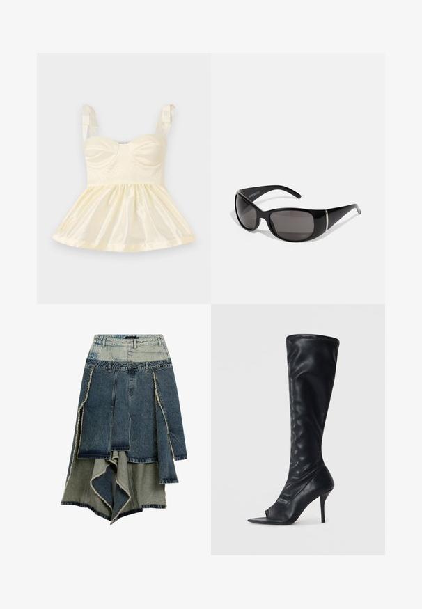 Világos sárga selyemtop, testhezálló felső résszel, ráncolt szoknyával és szalagpántokkal. A fronthálón textúra részletek láthatók.; Farmertartó szoknya foltvarrásos dizájnnal, változó kék és zöld árnyalatokkal, roncsolt szélekkel, aszimmetrikus alsó résszel és több panelből álló kialakítással.; Fekete szintetikus bőr térd fölé érő csizma hegyes nyitott orral és magas stiletto sarokkal. Texturált felsőrész és sima felület.; Fekete napszemüveg fényes műanyag kerettel, átmeneti szürke lencsékkel és ezüstszínű díszítéssel az oldalán. Nyúlánk, ívelt dizájn.; Desigual Kézitáska - black