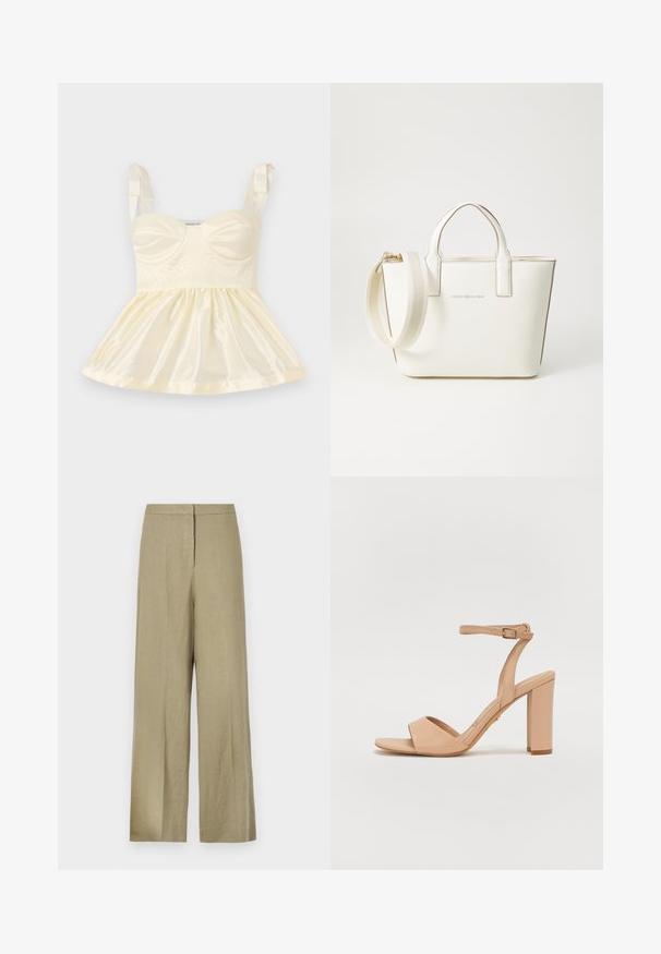 Jasnożółta satynowa bluzka z dopasowanym korpusem, marszczoną spódnicą i wstążkowymi ramiączkami. Widoczne teksturowane detale z przodu.; Jasnozielone, szerokie spodnie wykonane z lnu. Posiadają wysoką talię i prosty przód z jedną zakładką.; Beżowe sandały na wysokim obcasie z paskiem wokół kostki, otwartym noskiem, gładkim skórzanym materiałem i designem na słupku.; Biała torebka z faux skóry z krótkimi uchwytami, regulowanym paskiem na ramię i złotymi akcentami; na przodzie znajduje się subtelne logo.