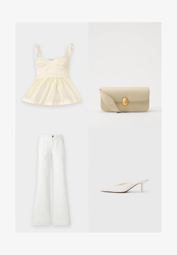 Světle žlutý saténový top s vypasovaným korzetem, nařasenou sukní a stuhovými ramínky. Texturové detaily viditelné na přední straně.; Bílé kalhoty s rozšířenými nohavicemi vyrobené z tkané látky, s pleteným pasem, dvěma předními kapsami a hladkou texturou. Zapínání na černý knoflík.; Bílé muly s špičatou špičkou a nízkým jehlovým podpatkem. Vyrobené z hladkého materiálu s minimalistickým designem a jemným detailním pro tanovou podrážku.; Krémová kožená kabelka s hladkým povrchem, obdélníkovým tvarem a zlatým oválným uzávěrem. Disponuje dlouhým, nastavitelným popruhem.