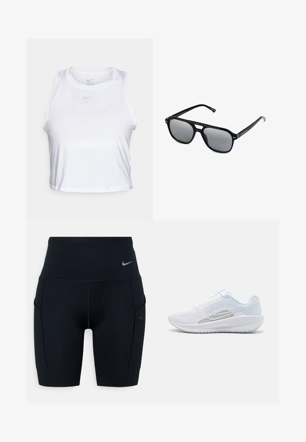 Top corto sin mangas blanco hecho de una suave tela Dri-FIT. Presenta un pequeño logotipo de Nike en gris en el pecho y un escote redondo.; Shorts deportivos negros de talle alto hechos de material elástico; cuentan con bolsillos laterales y un pequeño logotipo de Nike en la cinturilla.; Zapatilla deportiva blanca con parte superior de malla, punta redondeada y suela texturizada. Presenta un swoosh de Nike plateado y un diseño minimalista.; Gafas de sol negras con montura rectangular, lentes ahumados grises y diseño con corte en el puente. Material plástico brillante y elegante, con varillas estrechas.