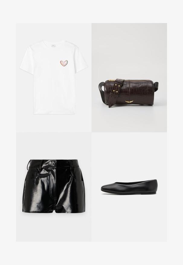 White cotton t-shirt featuring a multicolored heart design on the left chest. Short sleeves and a classic crew neck.; Black, glossy shorts made of synthetic material. Features a fitted waist, belt loops, and front pockets with prominent stitching details.; Paul Smith TOPANGA - Ballet pumps - black; Brown crocodile-embossed leather bag with a cylindrical shape, gold-tone hardware, and a detachable strap featuring studs.