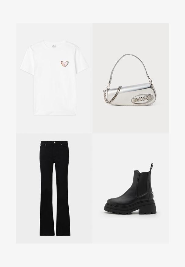 Witte katoenen t-shirt met een multikleurig hartontwerp op de linkerborst. Korte mouwen en een klassieke ronde hals.; Zwarte flared jeans van denim, met twee voorzakken, een knoopsluiting en een gladde textuur. Kenmerkende stiksels zichtbaar bij de naden.; Zwarte chelsea laarzen van glad leer met elastische zijpanelen, een dikke, geribbelde rubberen zool en een aantrekbandje aan de achterkant.; Zilverkleurige metalen handtas met een afgeronde driehoekige vorm, voorzien van een logo, een kettingriem en een gladde textuur. Ritssluiting aan de zijkant.
