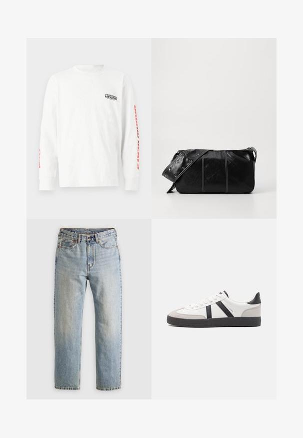 Balta ilga rankovė marškinėliai iš medvilnės, ant krūtinės su juodu tekstu ir raudonu tekstu ant rankovių; laisvas prisitaikymas su tekstūruotais rankogaliais.; Šviesiai mėlynos džinsinės kelnės su aukštu liemeniu, priekyje mygtukas, užtrauktukas ir penkių kišenių dizainas, išklotos ant neutralios fono.; Balti sportbačiai su juodais ir pilkais akcentais, pasižymintys tekstūruotu pilku pirštų dangteliu, juoda gumine padais ir plokščiomis baltomis raišteliais. Švarus dizainas, minimalistinis stilius.; Juodas odinis pečių krepšys su užtrauktuku, turintis tekstūruotą paviršių, baltą siuvinėjimą ir dirželį su sidabinėmis metalinėmis detalėmis.