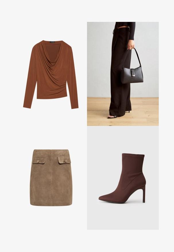 Långärmad topp i mörkbrun, med draperad halsringning och samlade sidodetaljer, tillverkad av mjukt, elastiskt tyg.; Brun mockaskinn mini kjol med en slät textur, som har två framfickor med klaff och knäppningar på varje sida. Enkel, rak design.; Brun stretch tyg ankelsko med spetsig tå och 10 cm stiletthäl. Sömdetaljer längs sidorna, slät textur och inga synliga stängningar.; Svart handväska med strukturerad form, slät yta och metallspänne. Matchad med vida svarta byxor och sandaler med öppen tå på trägolv.