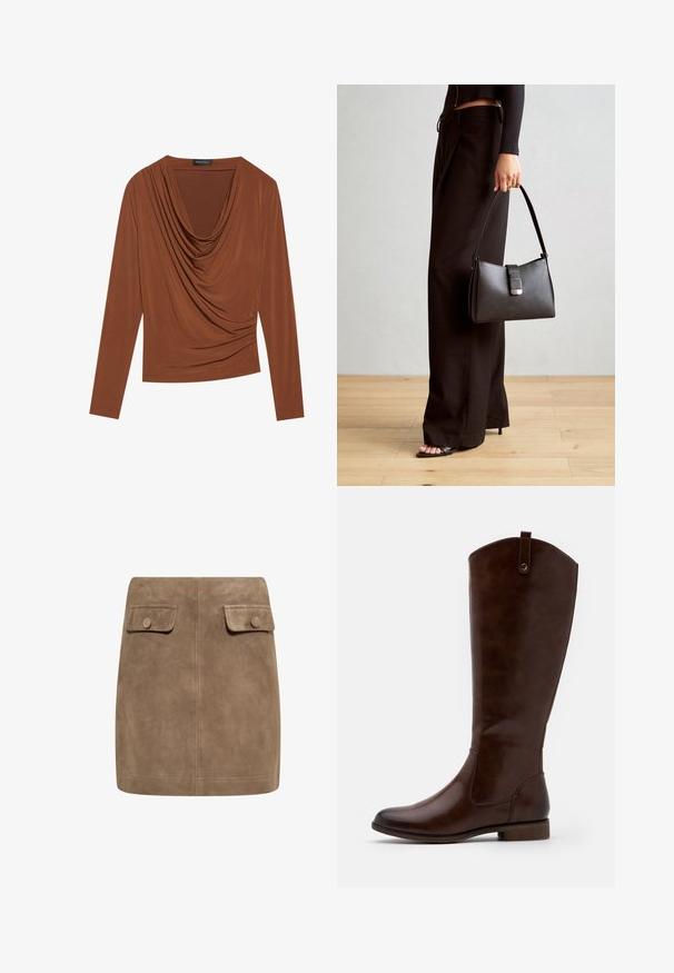 Long-sleeve top in dark brown, featuring a draped neckline and gathered side details, made from smooth, stretchy fabric.; Brown suede mini skirt with a smooth texture, featuring two front flap pockets and button closures on each side. Simple, straight design.; Brown knee-high boots made of smooth leather, featuring a rounded toe, low stacked heel, and a subtle stitching pattern along the sides.; Black handbag with structured shape, smooth texture, and a metallic clasp. Paired with wide black pants and open-toe sandals on wooden floor.