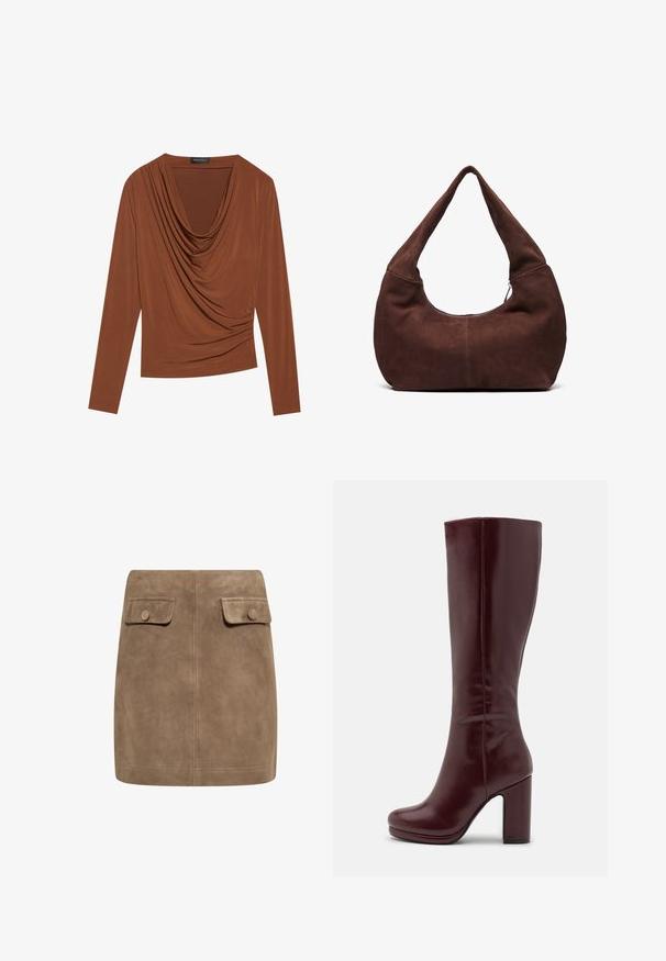 Langærmet top i mørkebrun, med en draperet halsudskæring og samlede sideløsninger, lavet af glat, strækbart stof.; Brun ruskind mini nederdel med en glat tekstur, der har to frontlommer med flap og knaplukninger på hver side. Enkel, lige design.; Anna Field Højhælede støvler - red; Brun ruskinds hobo taske med et buet, bredt håndtag og en stor åbning. Blød tekstur med synlige stikninger langs kanterne.