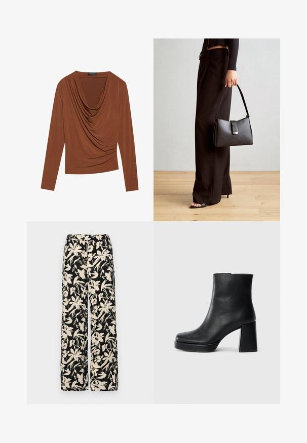 Pitkähihaisen tummanruskean paidan kaula-aukko on laskostettu ja sivuilla on rypytettyjä yksityiskohtia, joka on valmistettu sileästä, joustavasta kankaasta.; Mustat leveälahkeiset housut, joissa on kermaisen värinen kukkakuosi. Valmistettu kevyestä kankaasta, jossa on sileä pinta ja korkea vyötärö.; Musta nahkasaapas nilkkapituisena, jossa on paksu korko ja alustapohja, nähtynä sivulta yksinkertaisella valkoisella taustalla.; Musta käsilaukku, jossa on rakenteellinen muoto, sileä pinta ja metallinen solki. Yhdistetty leveisiin mustiin housuihin ja avonaiheisiin sandaaleihin puulattialla.