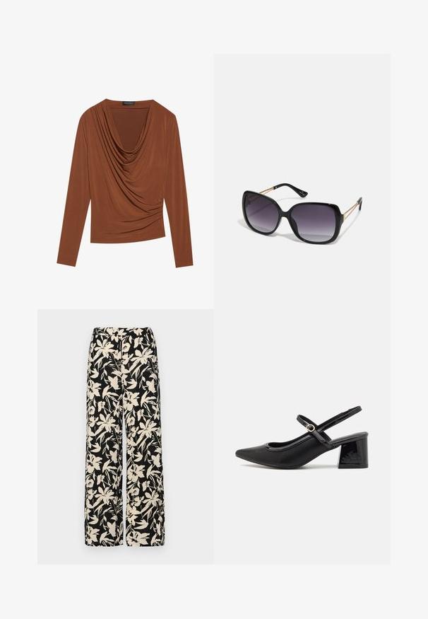 Langärmliges Oberteil in Dunkelbraun, mit einem drapierten Ausschnitt und gerafften Seitendetails, aus glattem, dehnbarem Stoff hergestellt.; Schwarze weit geschnittene Hose mit einem cremefarbenen Blumenmuster. Hergestellt aus leichtem Stoff, mit einer glatten Textur und einem hohen Bund.; Schwarze Lackleder-Slingback-Absätze mit spitzer Zehenform, einem runden Ausschnitt-Design und einem Blockabsatz. Mit einem goldfarbenen Schnallenakzent.; Schwarze übergroße Sonnenbrille mit getönten Gläsern, dicken Rahmen und goldfarbener Kettendetaillierung an den Bügeln.; Schwarze Handtasche mit strukturierter Form, glatter Textur und einem metallischen Verschluss. Kombiniert mit weiten schwarzen Hosen und offenen Sandalen auf einem Holzboden.