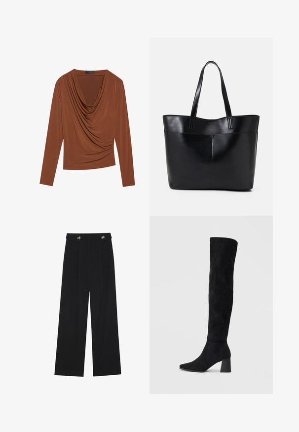 Top cu mânecă lungă de culoare maro închis, prezentând un guler drapat și detalii strânse pe lateral, realizat dintr-un material neted și elastic.; Pantaloni negri cu picioare largi, talie înaltă, detalii cu butoane pe talie și pliseuri în față.; Cizme negre din suede, cu toc bloc, vârf ascuțit și un design neted, fără cusături, pe un fundal deschis.; Geantă oversized din piele neagră, cu două mânere lungi, de textură netedă și formă structurată. Are un buzunar frontal pentru stocare suplimentară.