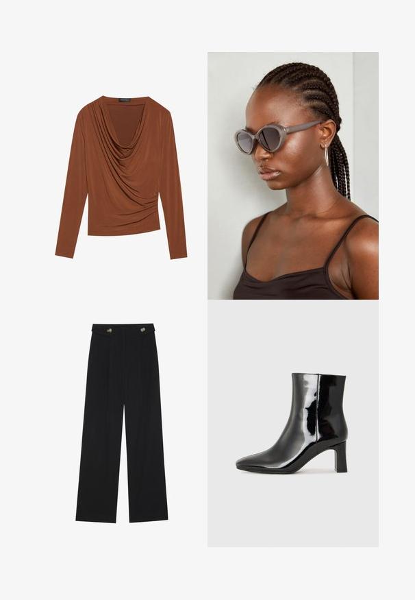 Sötétbarna, hosszú ujjú felső, drapírozott nyakkivágással és redőzött oldali részletekkel, sima, rugalmas anyagból készült.; Fekete, bő szárú nadrág magas derékkal, gombos részletekkel a derékrészen és elülső pliszékkal.; Fekete lakk bőrcipő bokáig érő, hegyes orral és közepes magasságú tömbsarokkal. Simább textúrával és minimalista dizájnnal rendelkezik.; Szürke, oversized napszemüveg kerek formával és sötét lencsékkel. Sima felületű, elegáns műanyag keret. A modellen fonott haj van.; Fekete kézi táska strukturált formával, sima textúrával és fémből készült záródással. Széles fekete nadrággal és nyitott orrú szandállal párosítva, fából készült padlón.